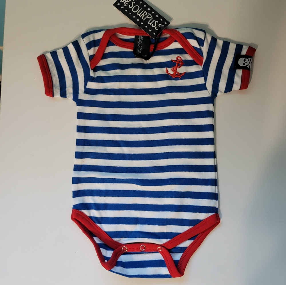 NWT Sourpuss Clothing Nautical Blue and White Stripe Anchor Baby Onesie 12-18 mo